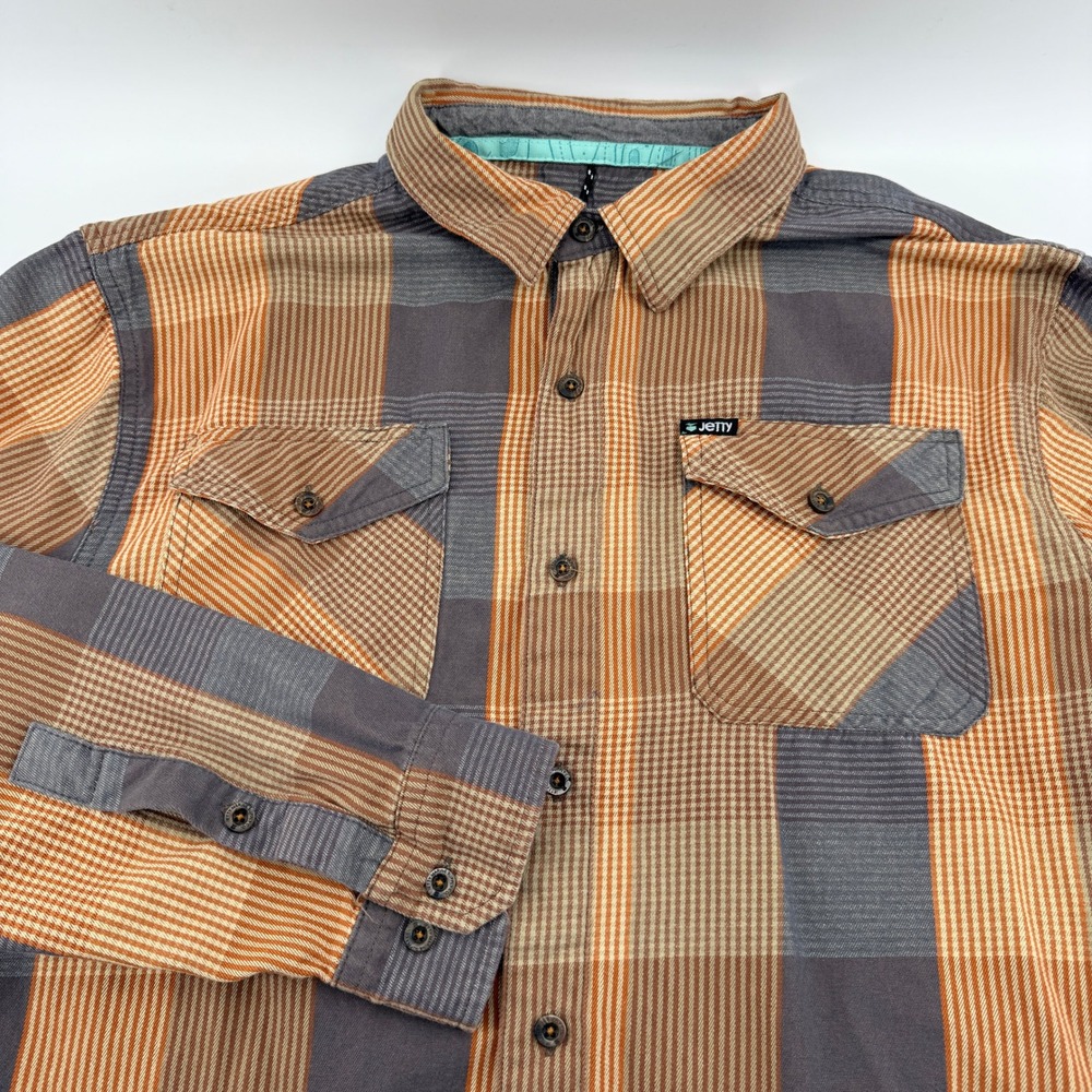 Jetty Marine Supply Flannel Button Down Shirt Mens‎ Size 40 L Orange Brown Plaid